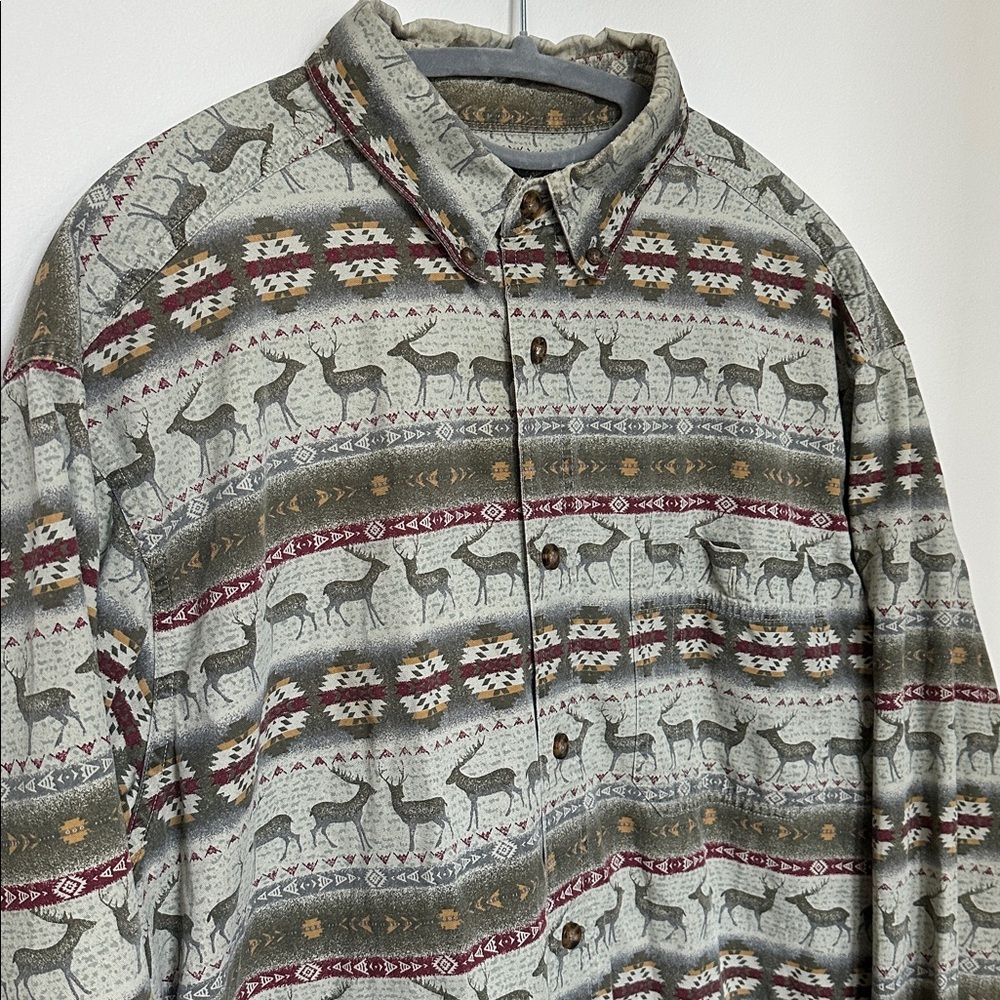 Woolrich Men L Rustic Deer Geometric Graphic Casual Button Up Shirt Cowboy Rodeo